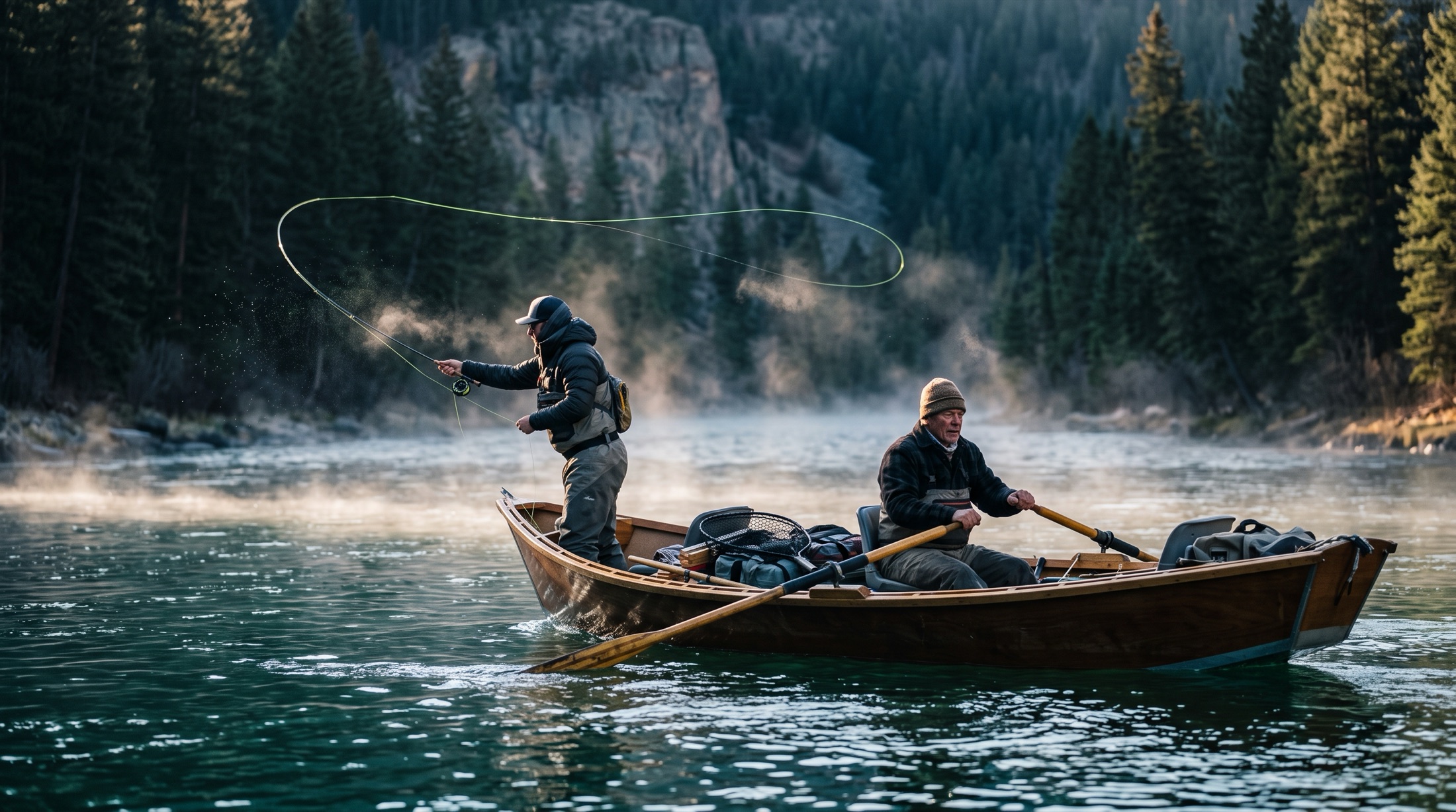 A guide rowing a drift boat across a cold tailwater at first light while an angler casts