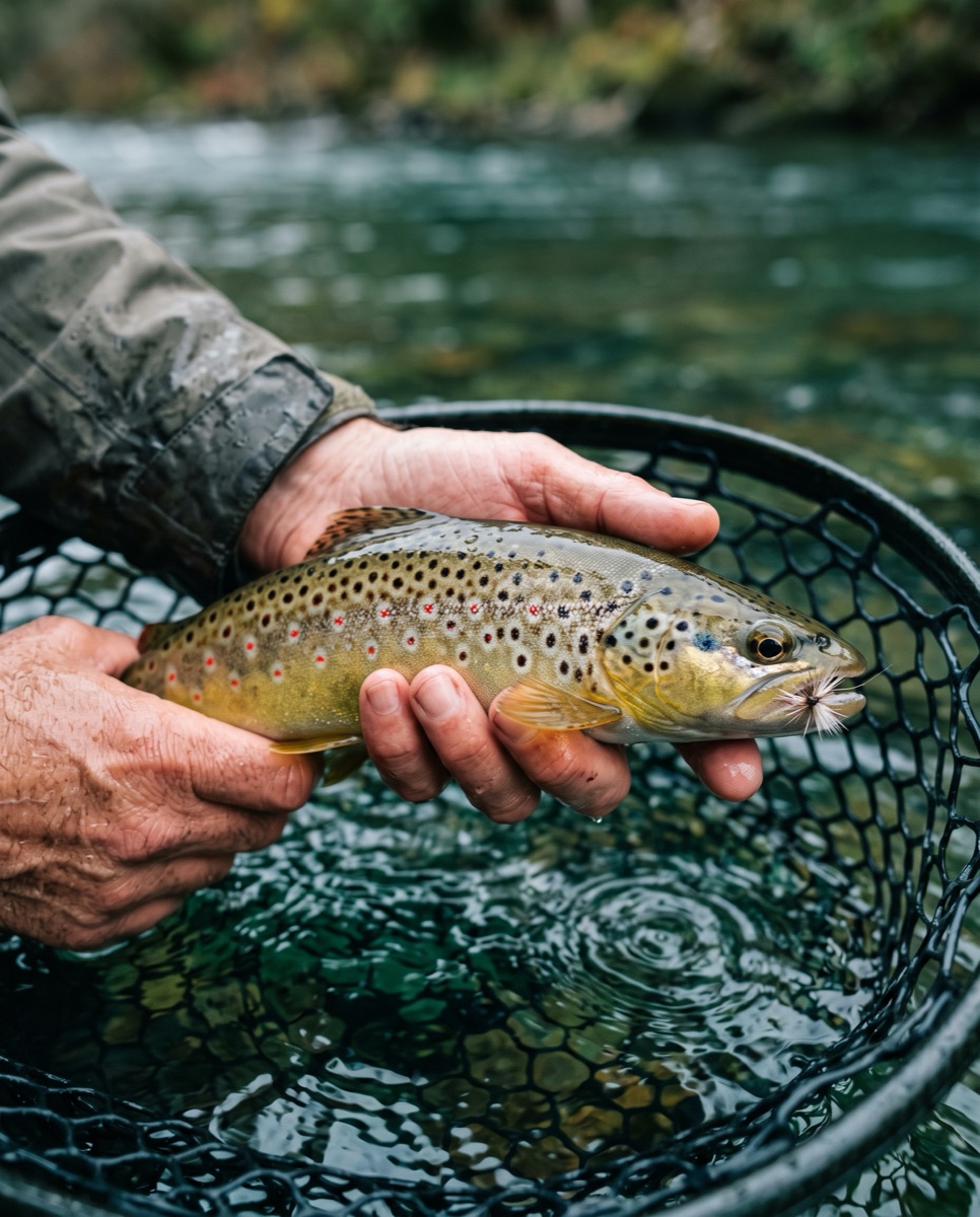 A wild brown trout held in a net over cold clear water
