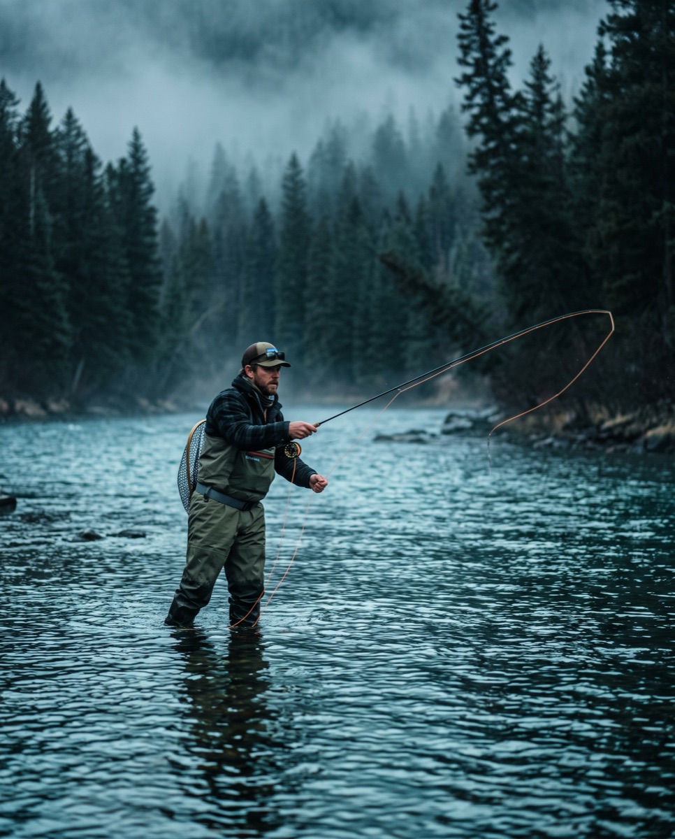 An angler wading and casting on a cold tailwater